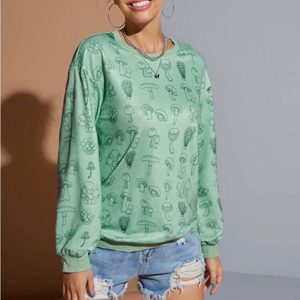 SHEIN X Saramiel Art Mushroom Print Drop Shoulder Sweatshirt, Green, Small, NWT - Picture 1 of 8